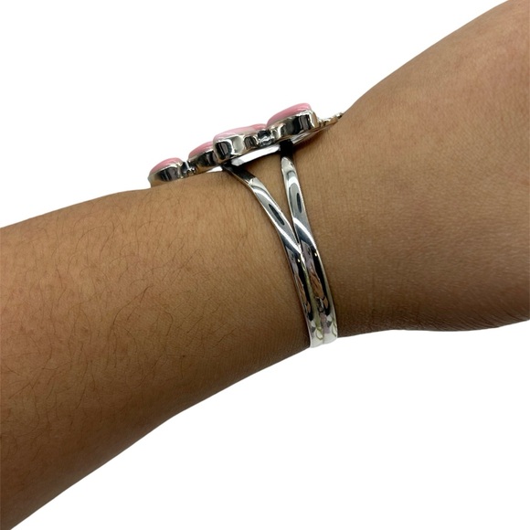 925 Sterling Silver Butterfly Dragonfly Natural Pink Conch Cuff Bracelet - Picture 2 of 8